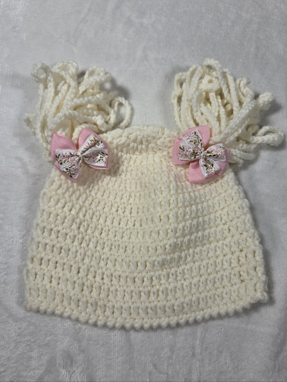 Crochet Baby Pigtail Hat Handmade Cream And Pink